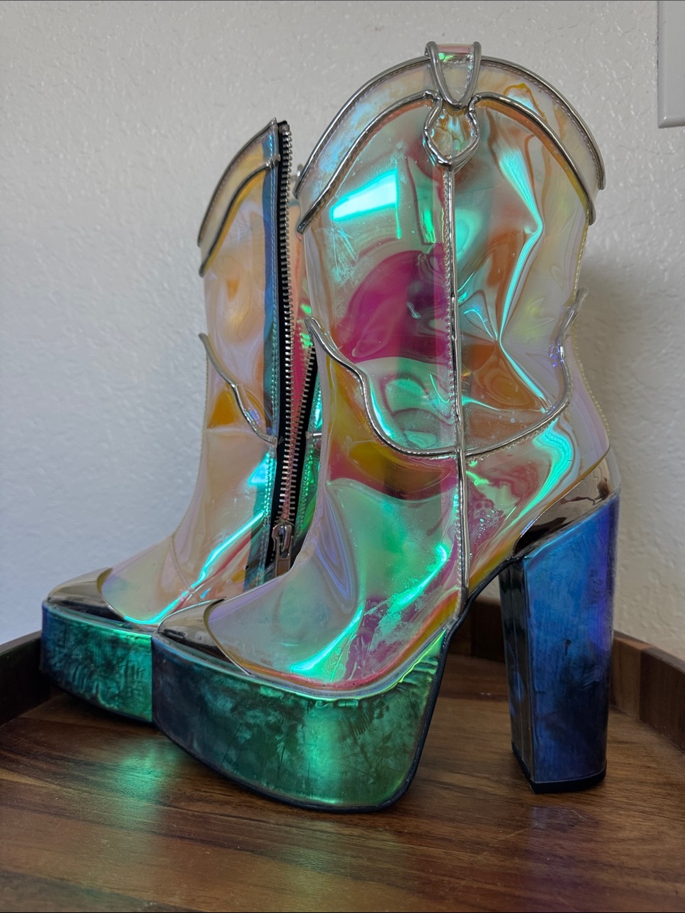 CLUB EXX Iridescent Platform Ankle Boots — Holographic Multi-Color